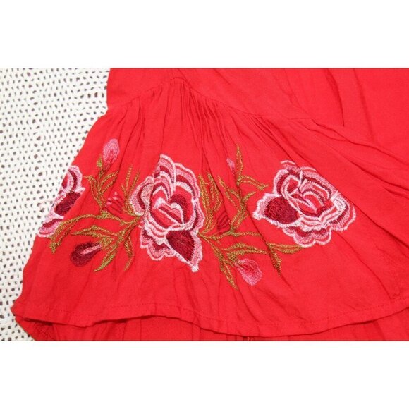 Feathers Embroidered Red Floral Boho Women's Top Small Bell Sleeves Off Shoulder - Picture 6 of 9